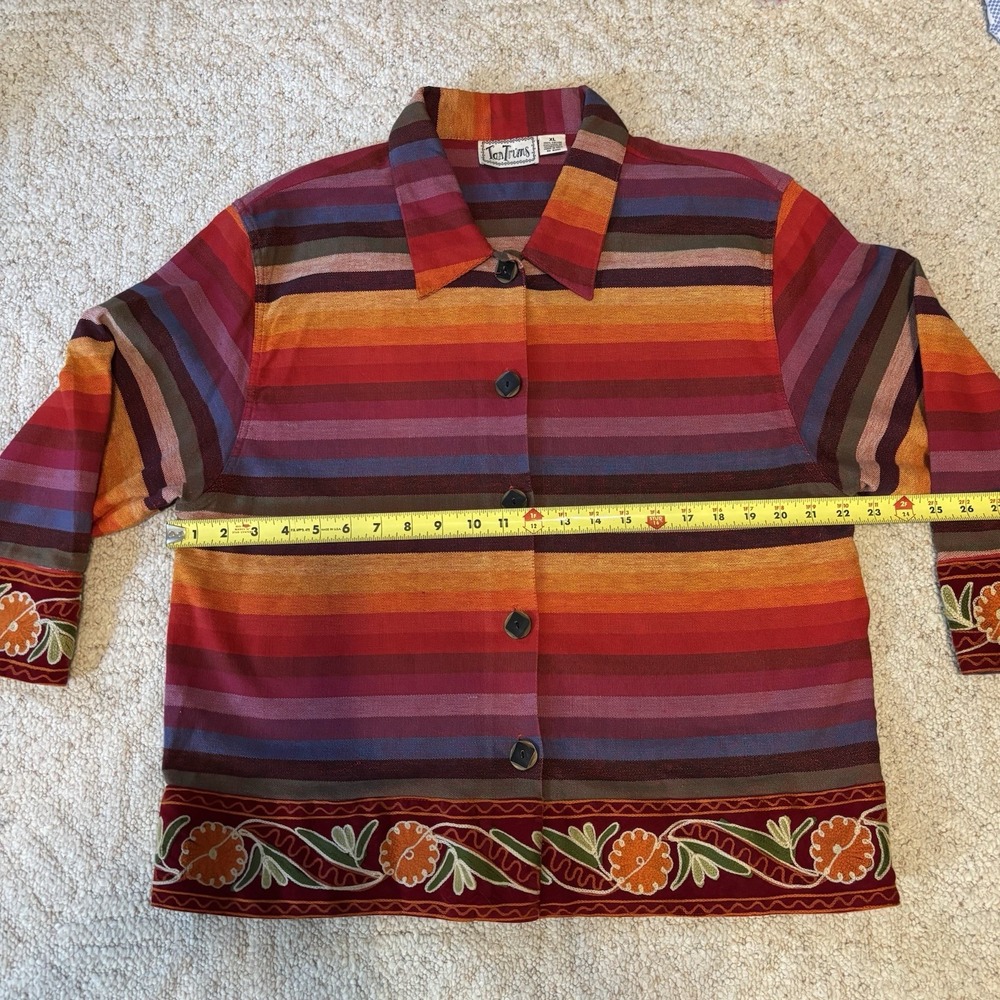 VTG Tantrums Women's XL Rainbow Stripe Cotton Jacket Light Coat Embroidered Trim - Picture 5 of 7